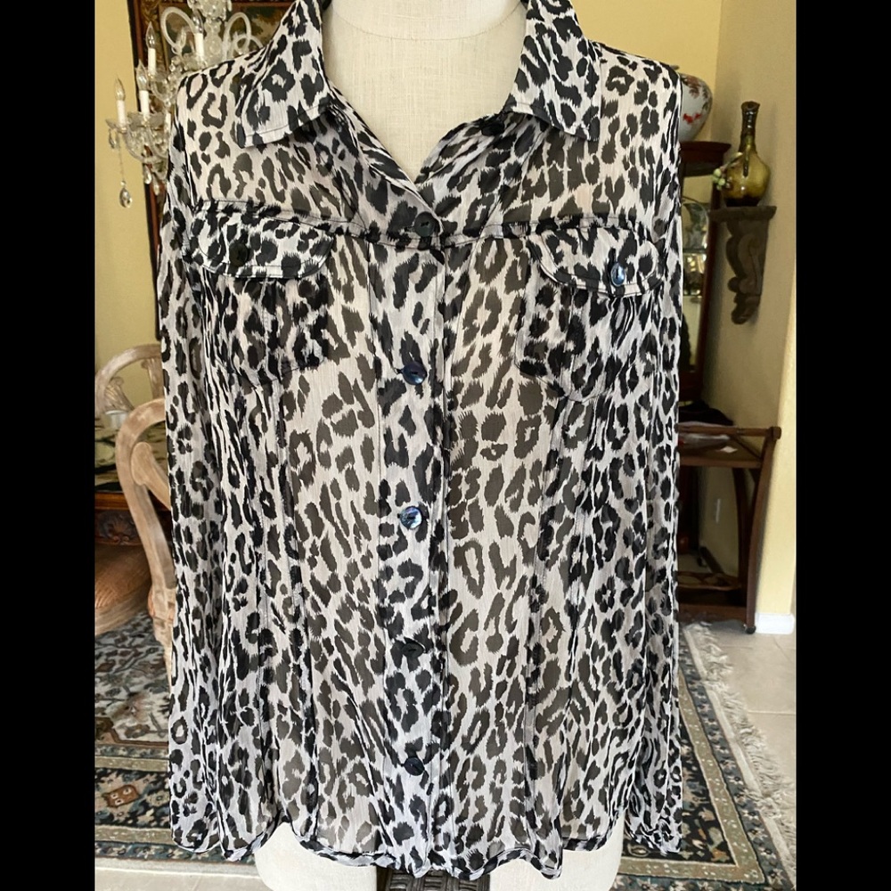 Chico’s Sheer Black White Sheer Crepe Silk Blouse.
